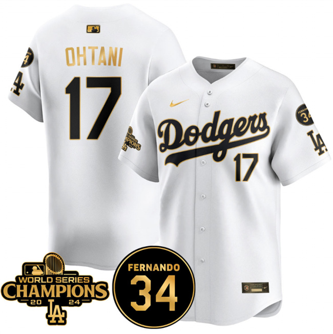 Men's Los Angeles Dodgers #17 Shohei Ohtani White/Gold 2024 World Series Champions & Fernando Memorial Patch Vapor Premier Limited Stitched Baseball Jersey Men's Los Angeles Dodgers #17 Shohei Ohtani White/Gold 2024 World Series Champions & Fernando Memorial Patch Vapor Premier Limited Stitched Baseball Jersey